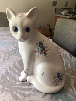 White Ceramic Cat Sitting, Floral Design - 10” With Glass Eyes