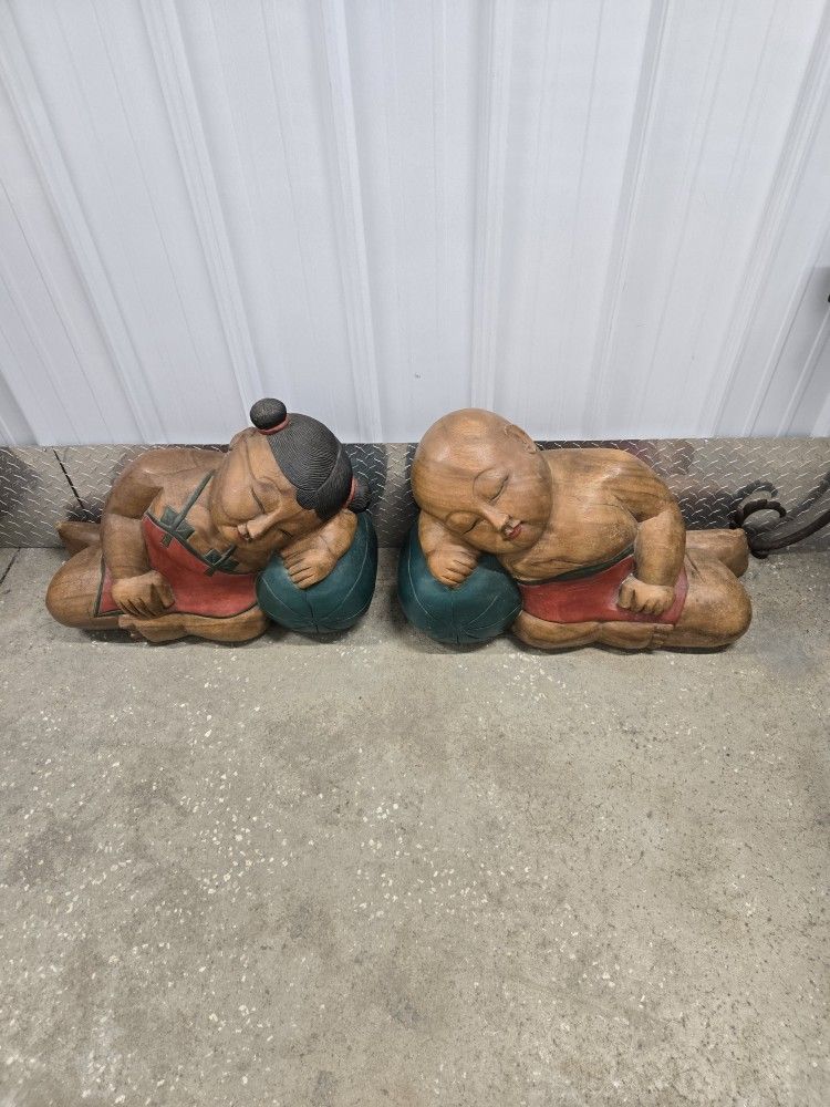 Vintage Wooden Sleeping Buddha – A Rare Pair of Serenity