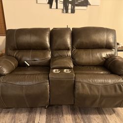 Brown Leather Reclining Sofa- Electric