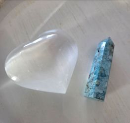 Amazonite Crystal Tower & Large Selenite Heart Set
