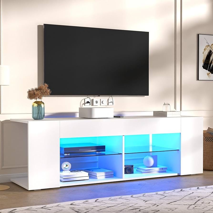 LED TV Stand for 50/55/60/65 Inch TV, High Gloss TV Console Table, Modern Entertainment Center with Storage and Glass Shelves for Living Room, White