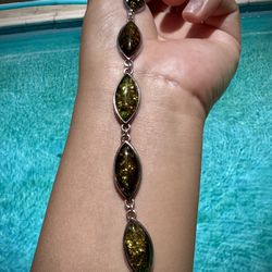 Vintage Sterling Silver Baltic Amber Link Bracelet. 