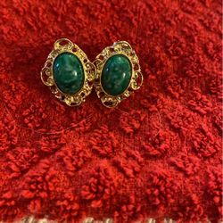 Turquoise Green Stone In Gold Earrings 