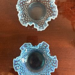 Fenton Blue Opalescent Hobnail Ruffled Bowls - Matching 7" Pair, Vintage Glass