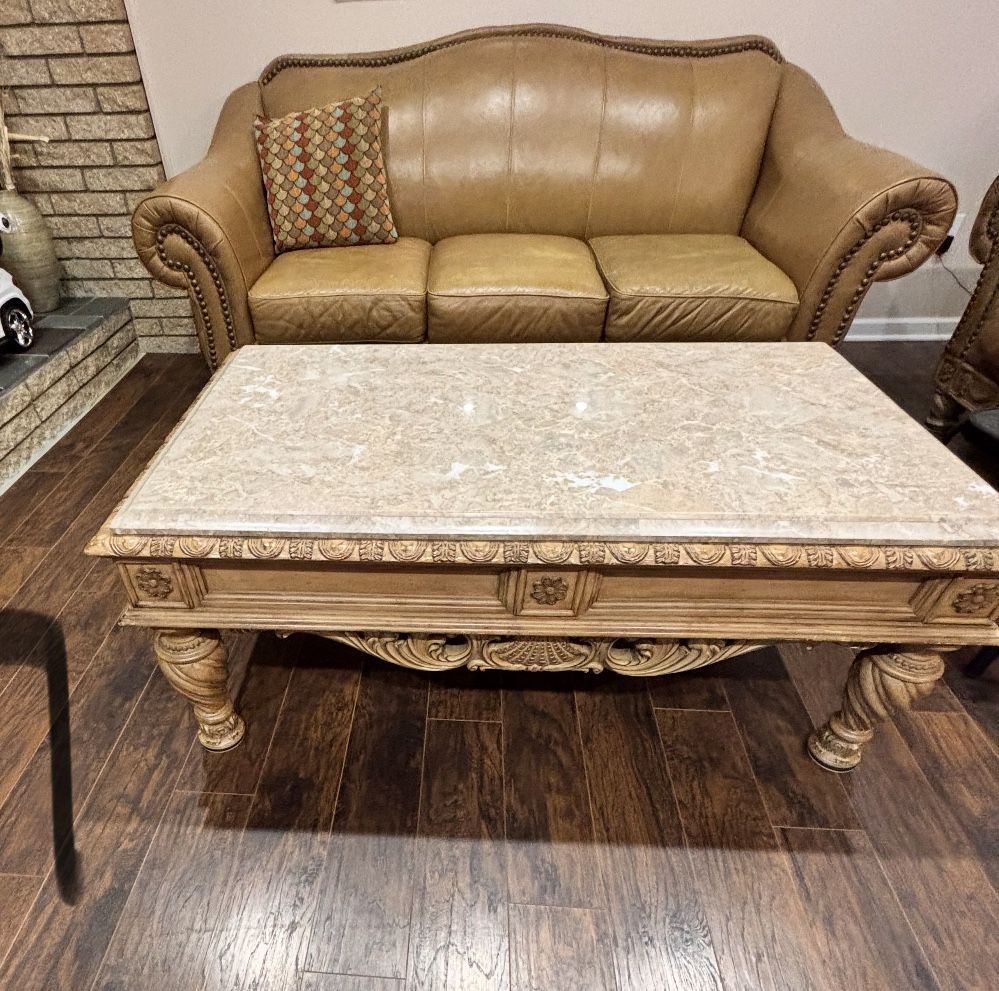 Leather Furniture 2 Sofas And 2 Chairs With Marble Coffee Table And end Table