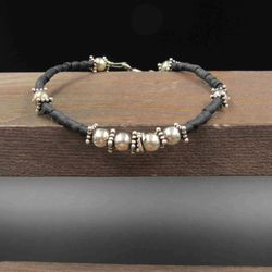8 Inch Sterling Silver Black Stone And Orbs Bracelet