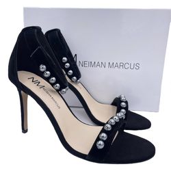 Neiman Marcus suede pearl ankle strap high heel sandals women Size 8 