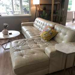 White Leather Chaise Sectional Couch