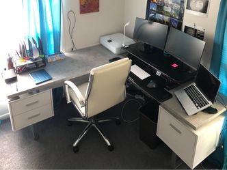 L-Shaped Office Desk with Grey Top and White Cabinets