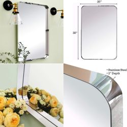 TEHOME 20x30 inch Chrome Metal Framed Bathroom Mirror for Wall in Stainless Steel Chrome Rounded Rectangular Bathroom Vanity Mirrors Wall Mounted…
