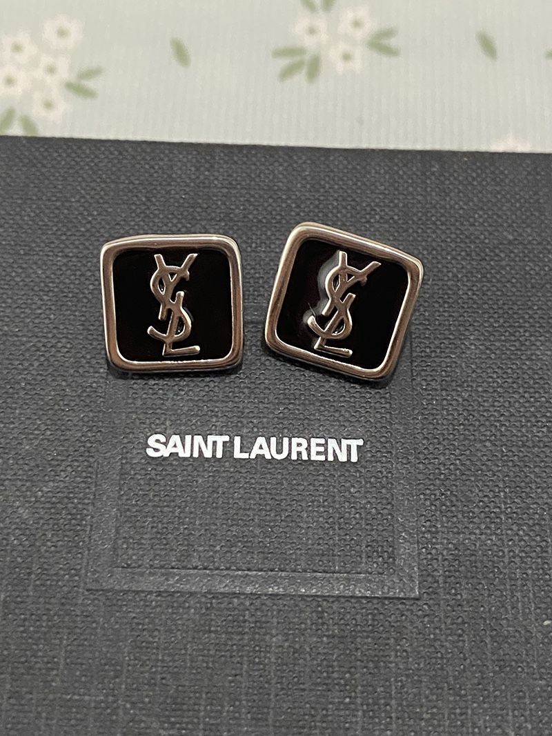 Saint Laurent Square Silver Metal Frame With A Black Background, Classic Ysl Earrings