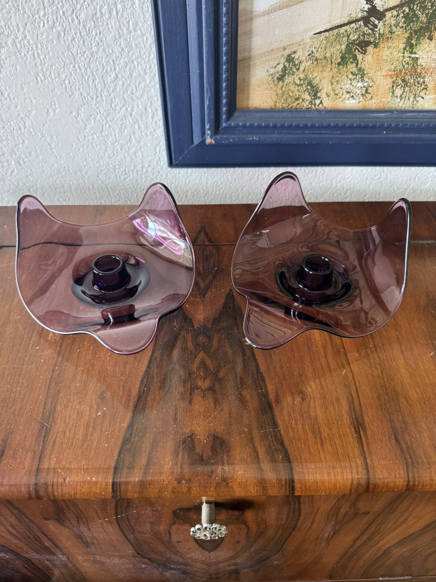 Vintage Mid Century Viking Glass Epic Amethyst Purple Freeform Candle Holders