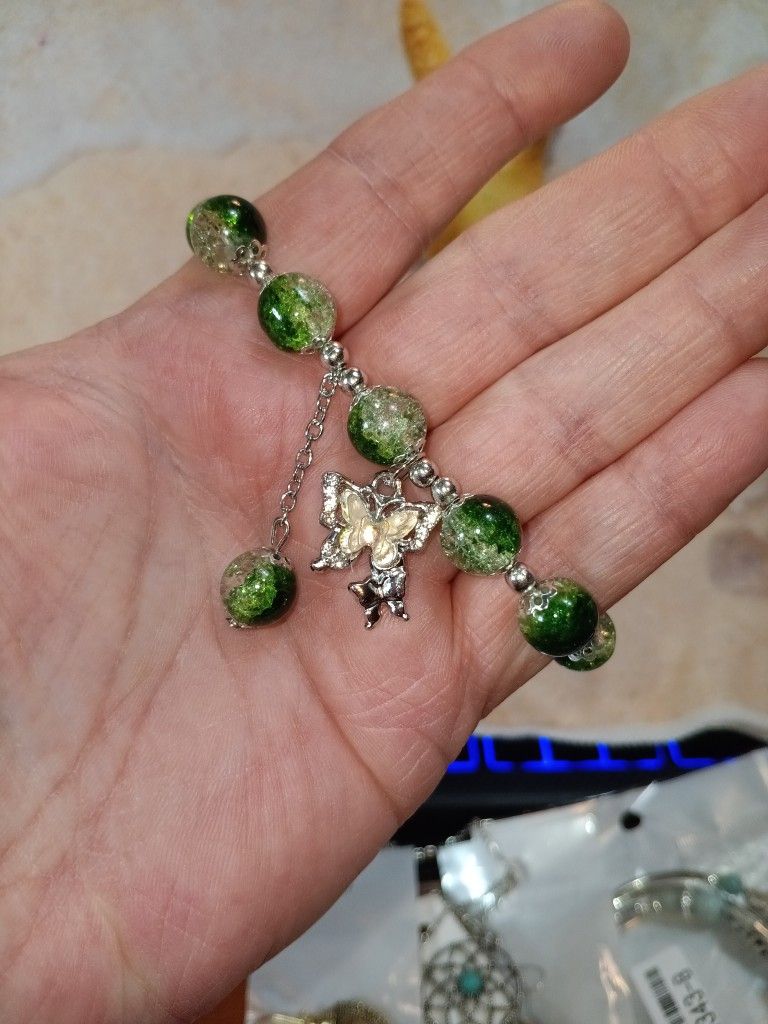 Green Beaded Stretch Bracelet With A Butterfly 🦋 Charm
