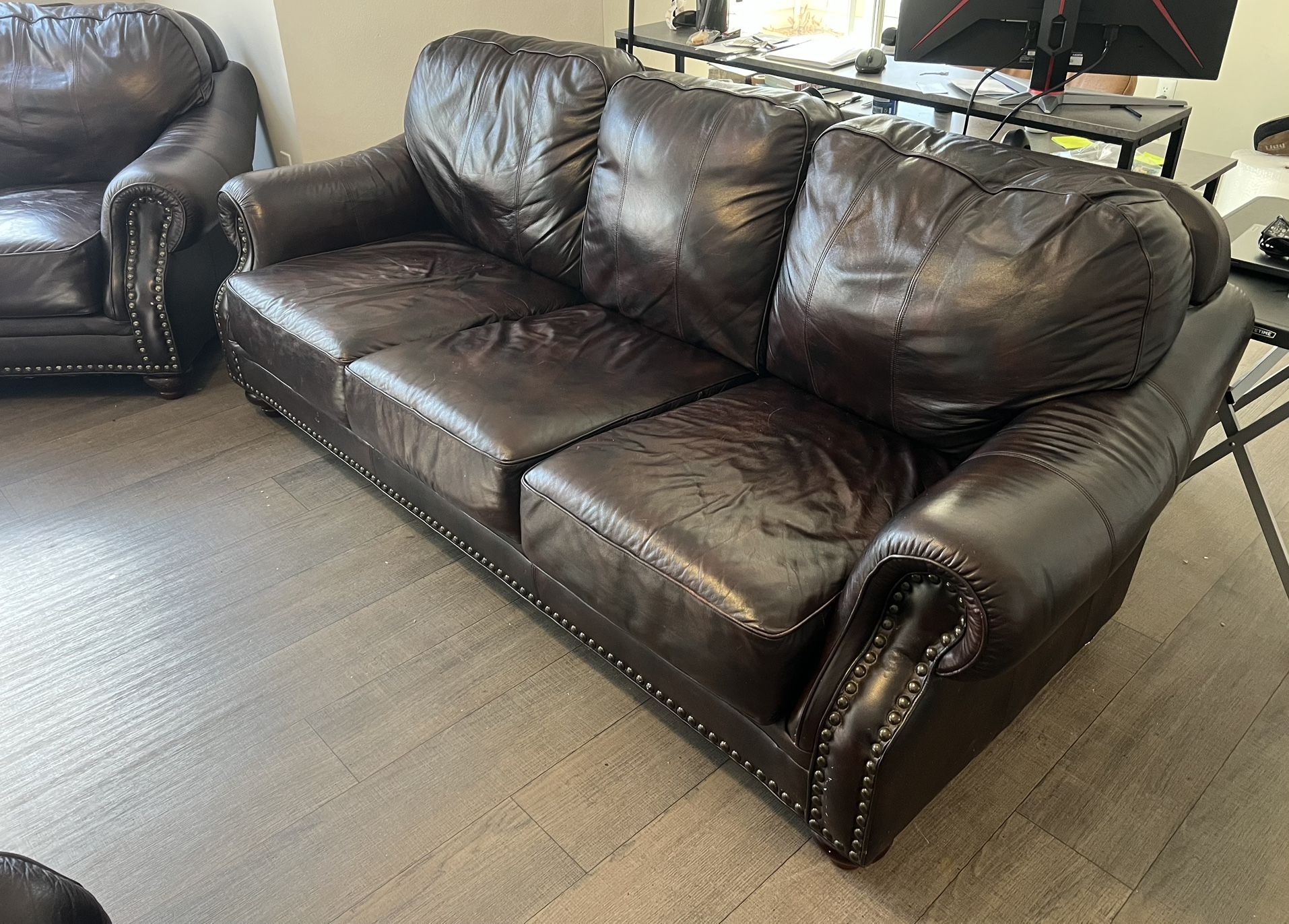 Brown Leather Couch And Armchairs
