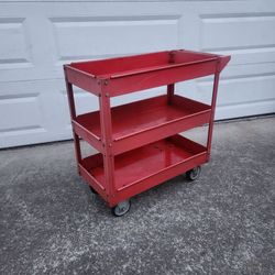 30" L x 16" W x 32" H, Rolling 3-Shelf Steel Utility Red Service Cart Garage Tool Storage Wagon