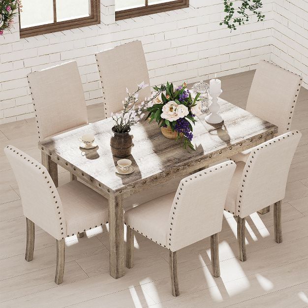 7 Pieces Wooden Dining Table Set Rustic Rectangle Table and Upholstered Chair for Kitchen, Restaurant-Morden Fort