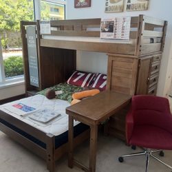 Brown Full/twin Bunk Bed With Desk, Drawers And Steps