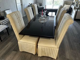 Luxurious Upholstered Dining Chairs with Tall Roll backs & Skirted Pleats from Celine Dion’s Estate!