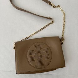 Tory Burch Tan Taupe Brown Leather Bag Purse Crossbody With Gold Hardware