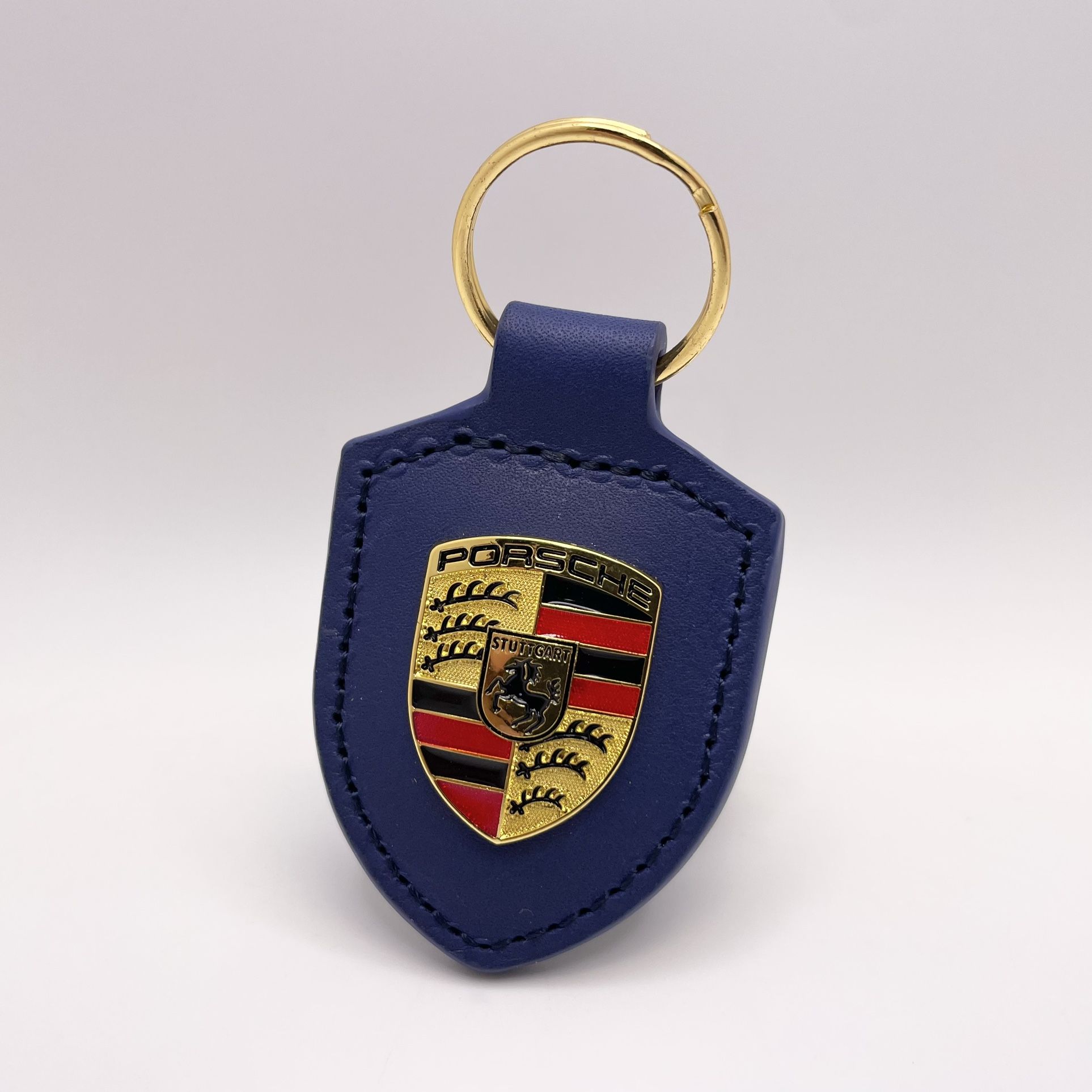 Genuine Porsche Crest Keyring Key Chain Leather (blue)