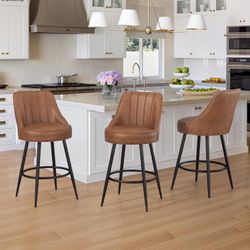 Set of 3 Swivel Leather Bar Stools, 26" Counter Height Barstools, Vintage Upholstered Bar Chairs, Brown