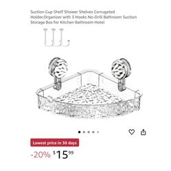 Brand new Suction Cup Shelf Shower Shelves Corrugated Holder,Organizer with 3 Hooks No-Drill Bathroom Suction Storage Box for Kitchen Bathroom Hotel  
