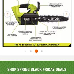 RYOBI 40V HP Brushless 12 in. Top Handle Battery Chainsaw, Extra Chain and Bar with 4.0 Battery and Charger