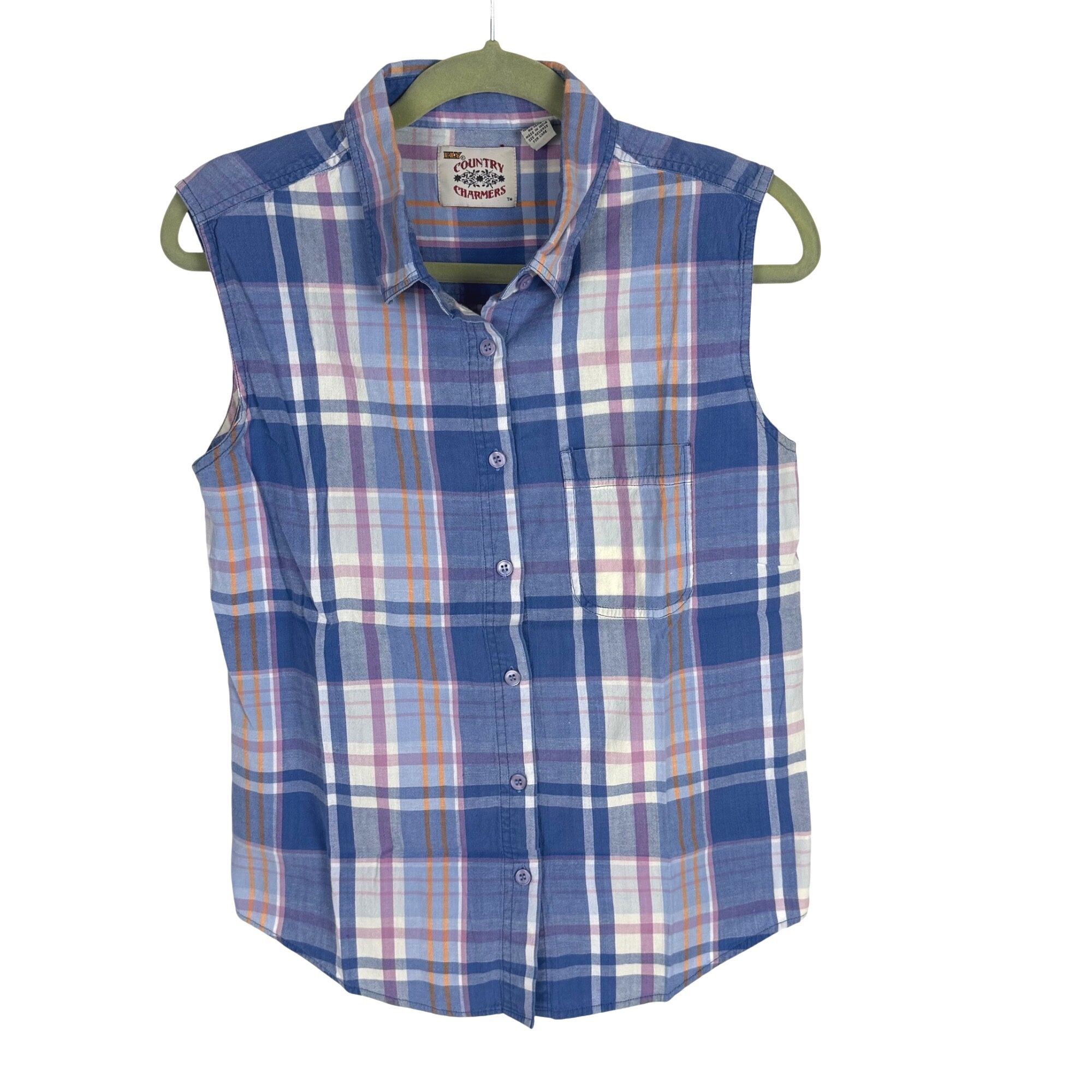 Women's Sleeveless Button-Front Shirt Top Size M Blue Plaid