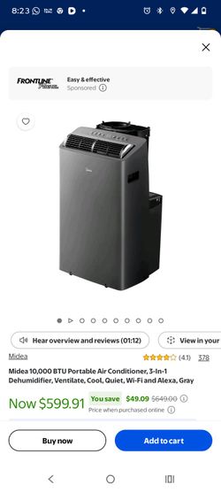 Midea 10,000 BTU Portable Air Conditioner, 3-In-1 Dehumidifier, Ventilate, Cool, Quiet, Wi-Fi and Alexa, Gray