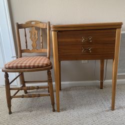 Antique Side Table With Singer Sewing Machine and Chair