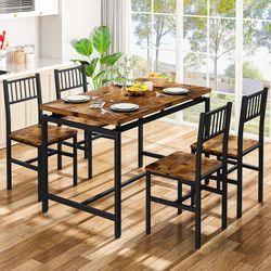 4 Person Wooden Metal Dining Table Set, Vintage Industrial Dining Table with 4 Back Chairs for Small Spaces, Apartments, Kitchens, Breakfast Corners.