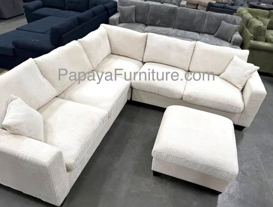 NEW Modern Ivory White Fabric L Shape Sectional Sofa and Ottoman Set Ashley Style BIG SALE Beige Designer Couch Set Discount Furniture Warehouse SALE