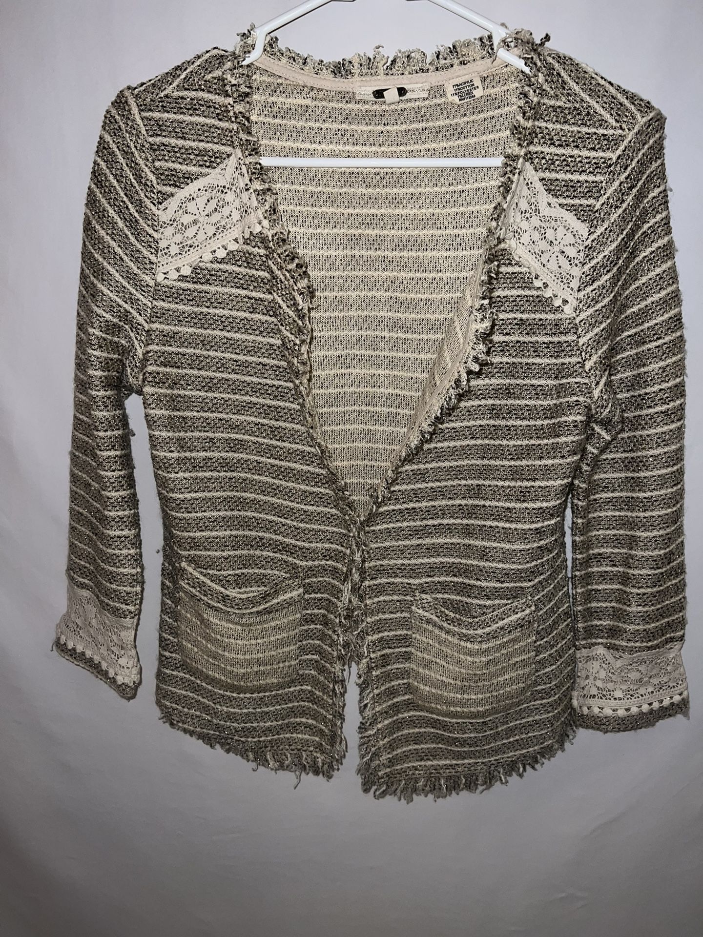 Ladies Womens Small Miss Me cream black cardigan blazer fringe tweed sweater