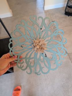 Teal Metal Scroll Wall Art with Burlap Flower