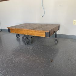 Antique Wood And Iron Cart Coffee Table 