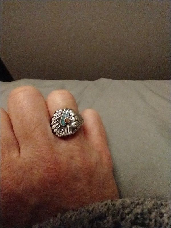 Sterling Silver Indian Head Ring -Turquoise & Coral