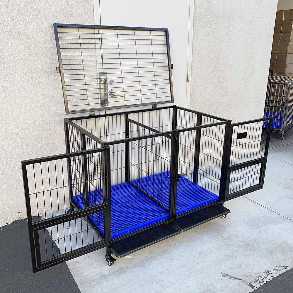 New $230 Folding Dog Cage 43x30x34” Heavy Duty Double-Door Kennel w/ Divider, Plastic Tray 