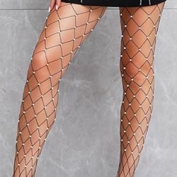 Black  Sparkly Large Mesh Fishnet Tights For Women Glitter Rhinestone Fishnets Stockings