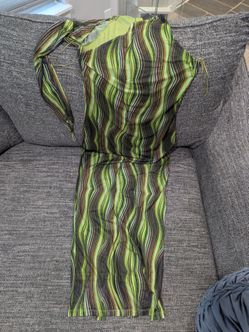 Long one shoulder out one shoulder long sleeve multicolored dress