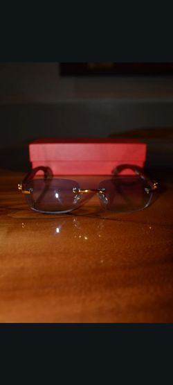 Blue Lens Rimless Cartier Glasses Woodgrain Frame