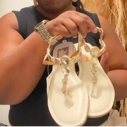 Cream Thong Sandles With Gold Coins