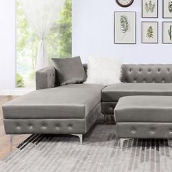 Grey  Velvet U Shape Sectional With Ottoman Pillows Included Chrome Legs Brand New In Box Firm Price $1,240