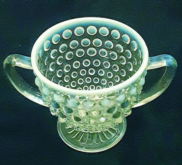 Art Deco Moonstone Hobnail Depression Glass Sugar Bowl Opalescent Glass