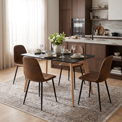 Homy Casa ROOKIE S+CHARLTON 5-Piece Dining Set, 43.3-Inch Black Table with 4 Dark Brown Suede Chairs Open Box