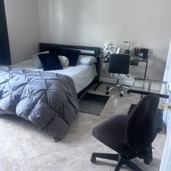 Queen size Mattress, Faux , Leather LED Platform Bed, LED Dresser, Desk w/Stand & Chair