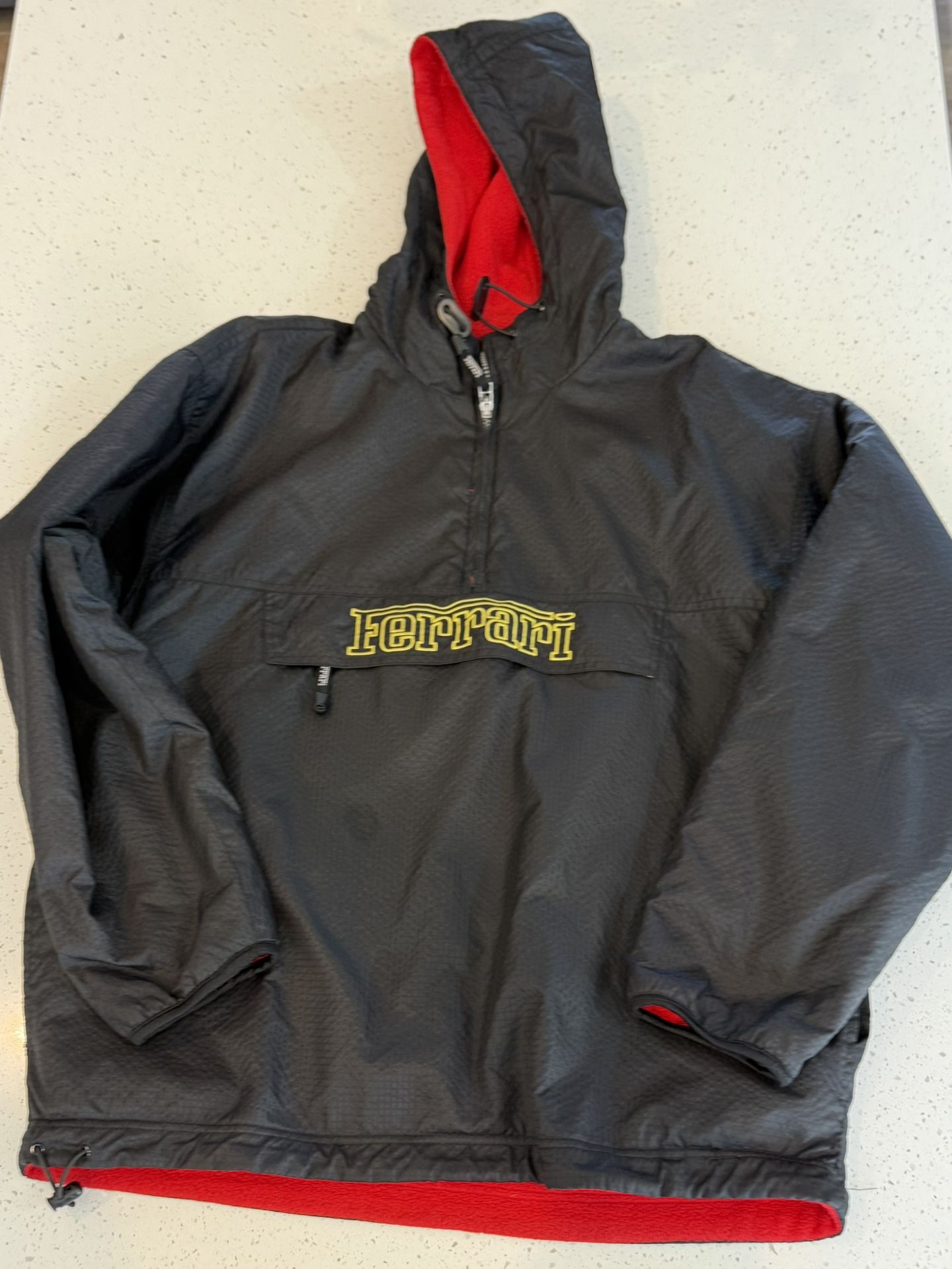 1999 Men's Ferrari Reversible Vintage Windbreaker Anorak Jacket Large Retro Red Zipper Pockets VTG 90’s Firmula Card Classic
