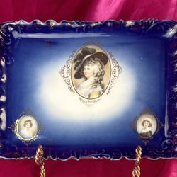 Antique Cobalt Flow Blue Portrait Dresser Tray w/ LeBrun & Duchess of Devonshire