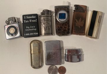 Lot of 9 Vintage Metal Lighters, Cigarettes, More.  8 Ball, Leaf, Brass, Camel, Sunlit, Zippo,
