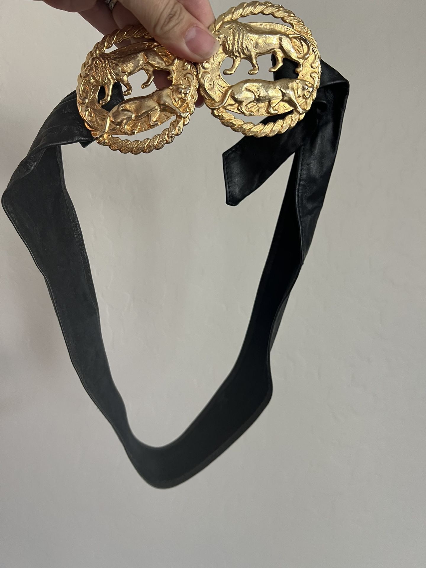 Vintage Black Leather Belt with Round Gold Lion Emblems