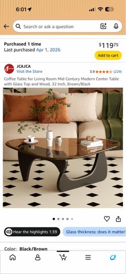 Mid Century Modern Coffee Table – Glass Top & Wood, 32"